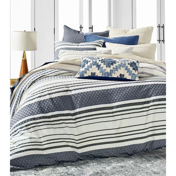 Lucky Brand Stripe Cotton FULL / QUEEN Duvet & Shams Set Navy / White - Picture 1 of 3